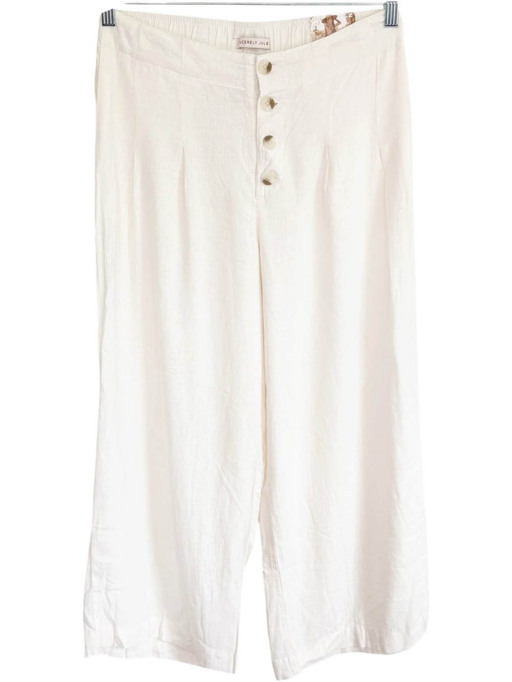 NWT SINCERELY JULES Linen Blend Wide Leg Crop Pants Button Front Cream Medium